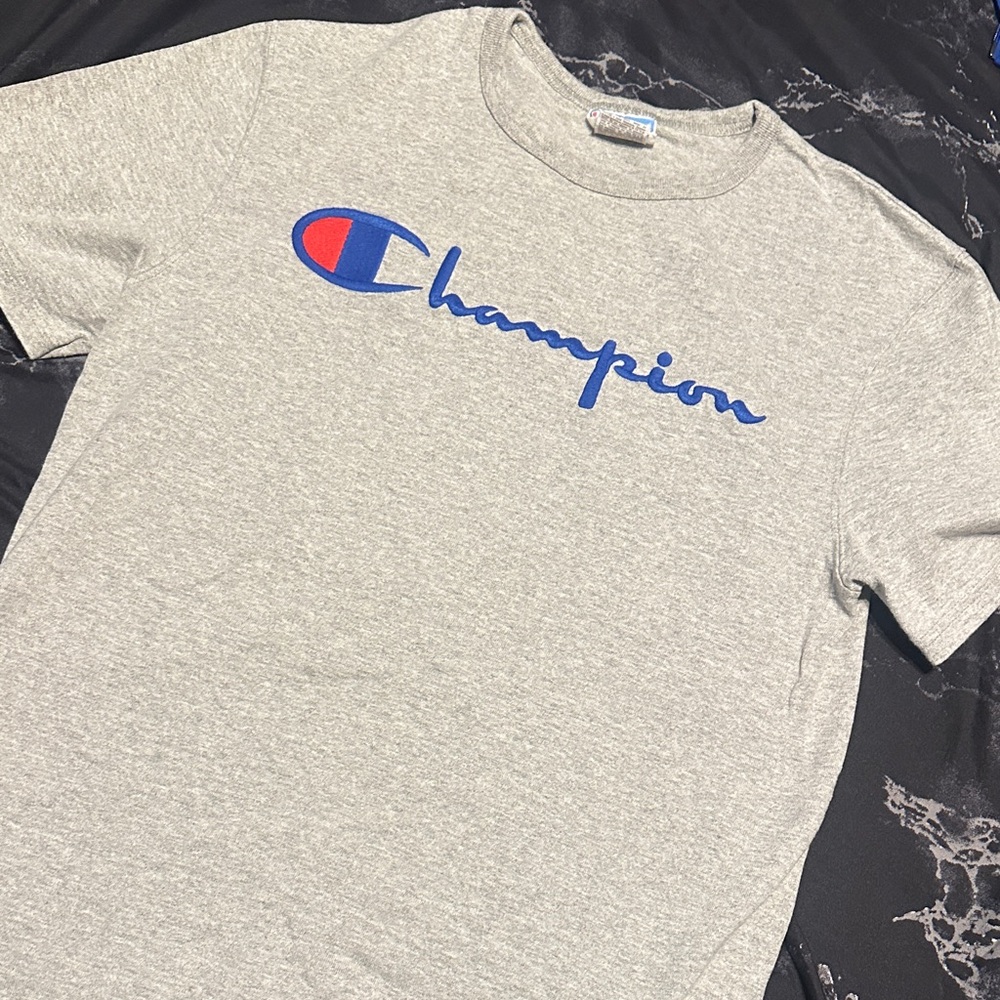 Men’s Champion Heather Gray Tee with Blue and Red Logo